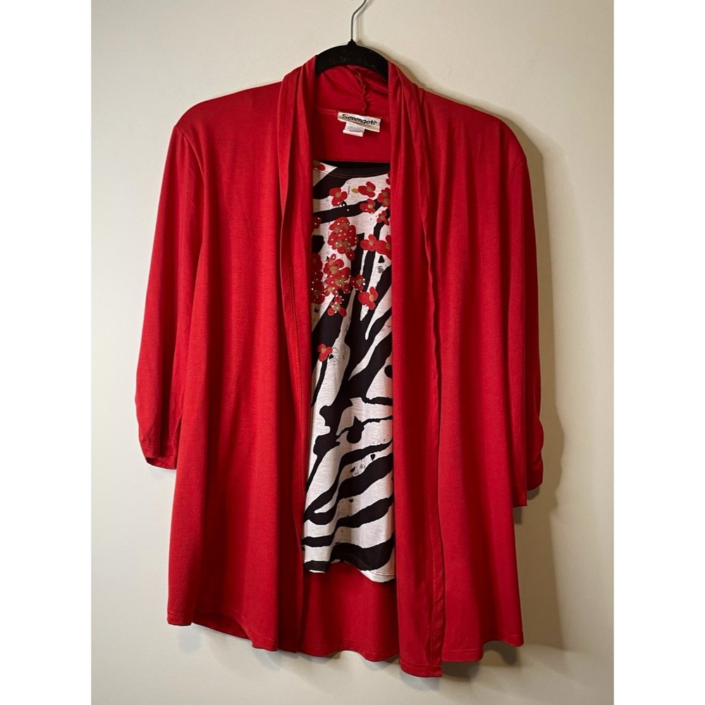 Serengetti Women's L Red Black White Animal Print Open Front 3/4 Sleeve Blouse